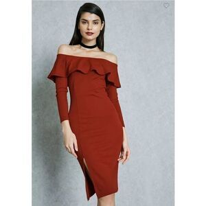 MISSGUIDED Ruffled Bardot Off-the-shoulder Maroon Bodycon Dress US 2